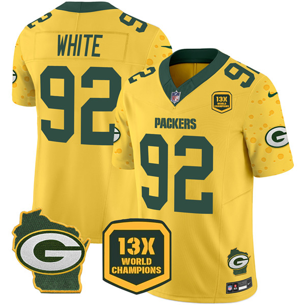 Men's Green Bay Packers #92 Reggie White Cheese Gold 2024 F.U.S.E. 13 Time World Champions And Home Patch Vapor Untouchable Limited Stitched Football Jersey Men's Green Bay Packers #92 Reggie White Cheese Gold 2024 F.U.S.E. 13 Time World Champions And Home Patch Vapor Untouchable Limited Stitched Football Jersey